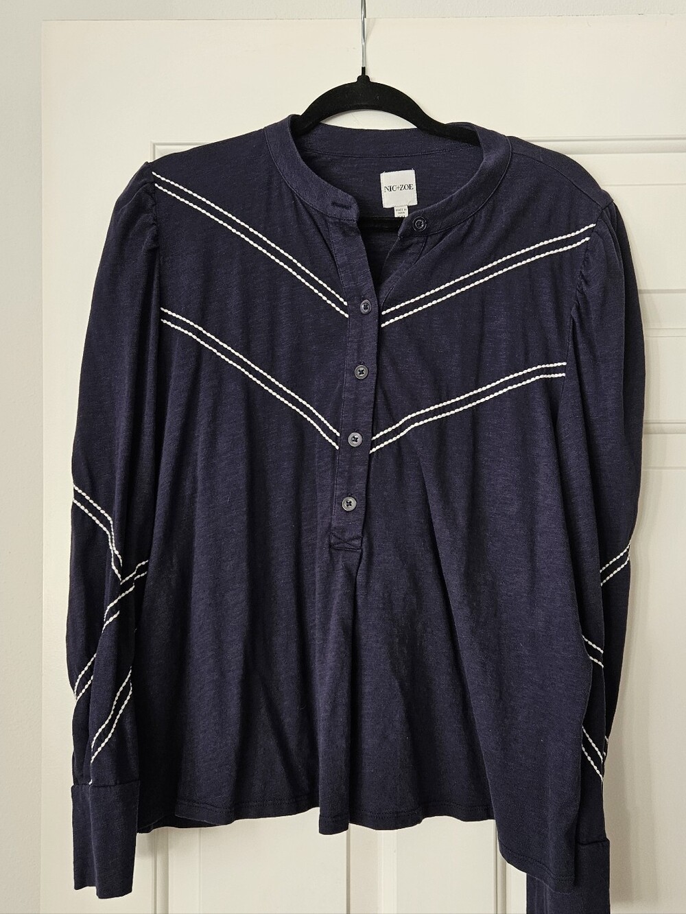 NIC+ZOE Navy Long-Sleeve Henley with White Stitch Detail XXL